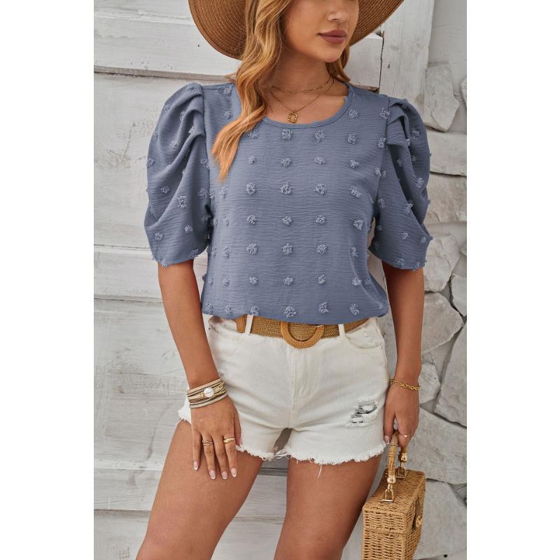 Letní dámské tričko Tkaný žakár Vlasová bambulka Krátký rukáv Čtvercový výstřih Top z řady