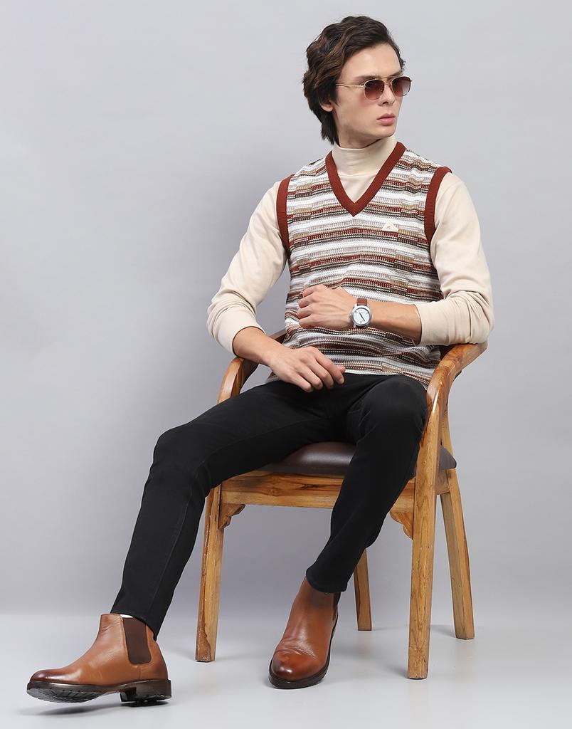 Monte Carlo Mens Brown Self Design V Neck Sleeveless Sweater