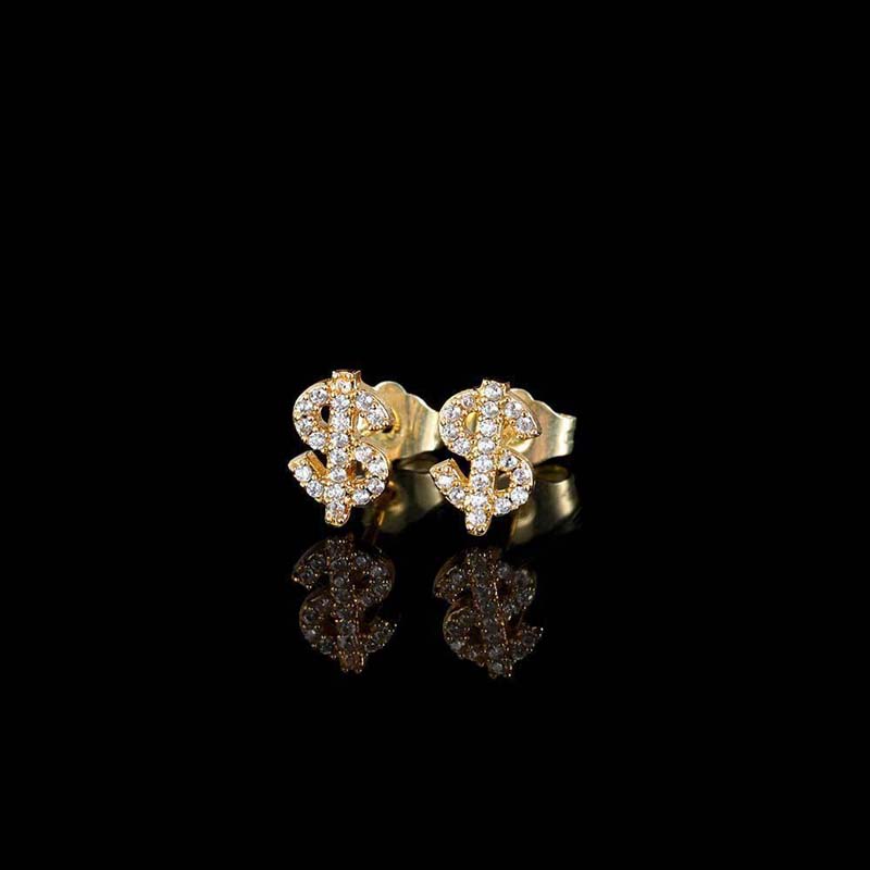 New Gothic Copper Zircon Dollar Symbol Stud Earring for Men Women Hip Hop Gold Color Plated Earrings Design Jewelry Gifts