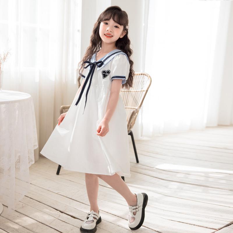 Girls' Cotton Short-Sleeve College Style Dress with Turn-Down Collar – White, Summer 2025