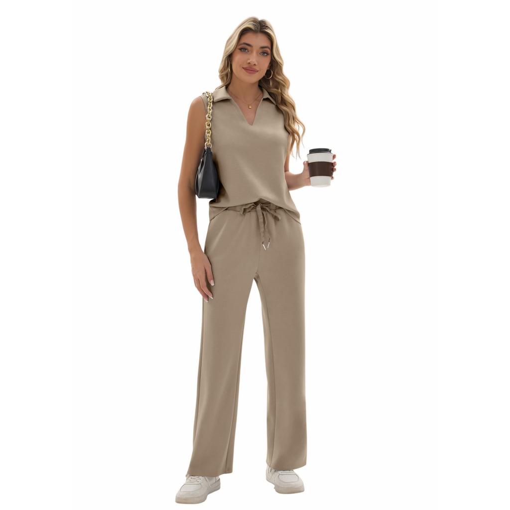 Ladies' Casual Temperament V-neck Casual Top Wide Leg Pants Two-piece Set