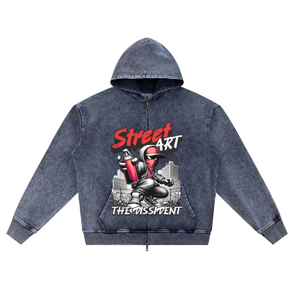 

DTG print Knitted Denim Zip-Up Hoodie Graffiti Graphic Brother Print Zipper Hoodies XL темно-синий