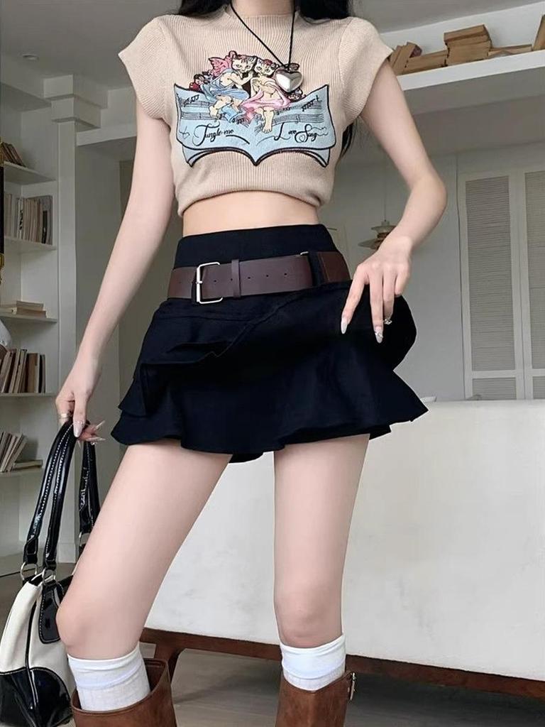 Women's Denim Mini Skirt Y2K Style Vintage Ruffled Shorts Skirt High Waist Korean Fashion Clothing