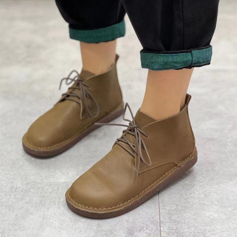 Χειροποίητες Δερμάτινες Μπότες Στρογγυλή Μύτη Φλατ Δέρμα Αγελάδας Γυναικεία Παπούτσια