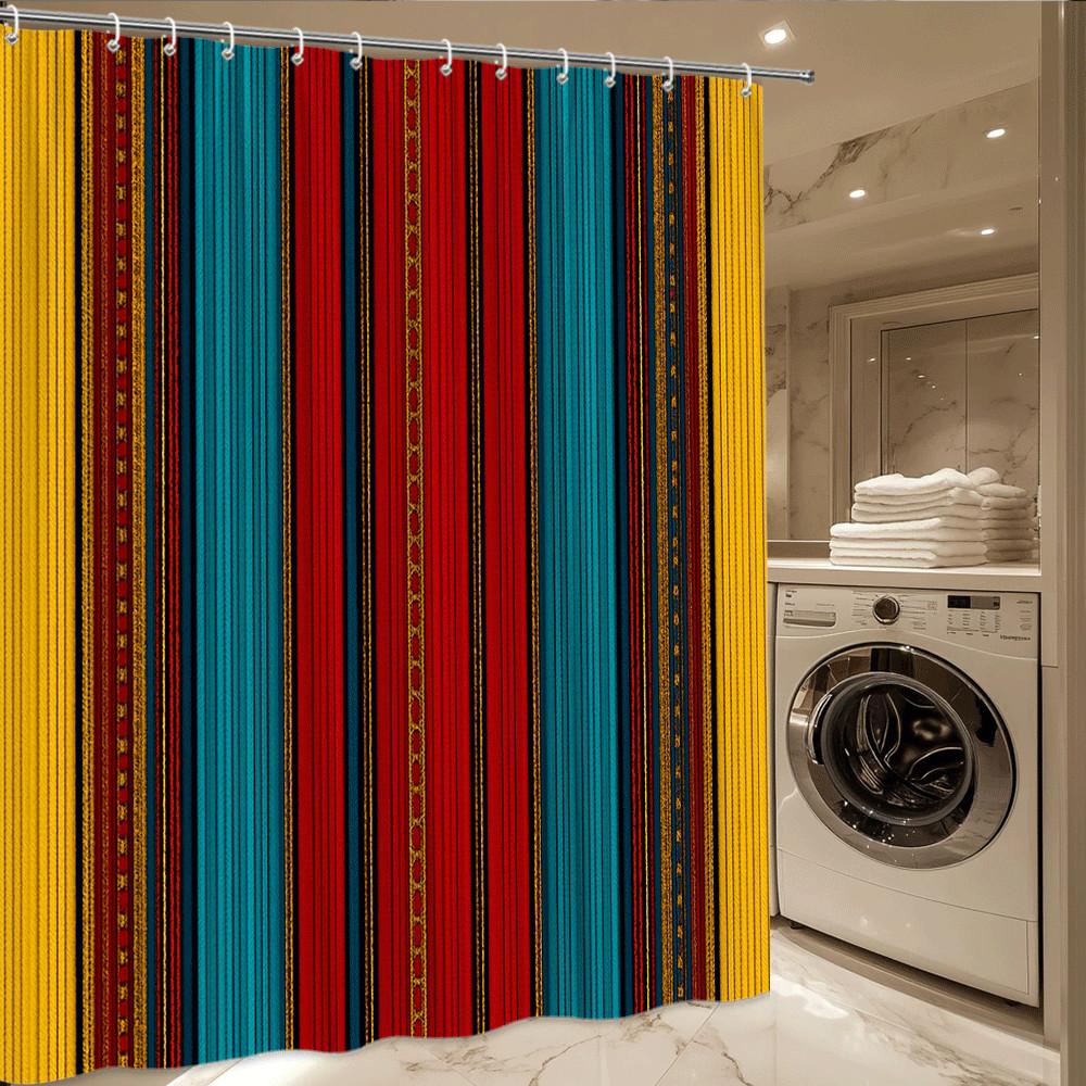 Colorful Stripe Shower Curtain Tribal Pattern Mexican Style Bold Colors Ethnic Decor Waterproof Free Hooks Included Non-Toxic