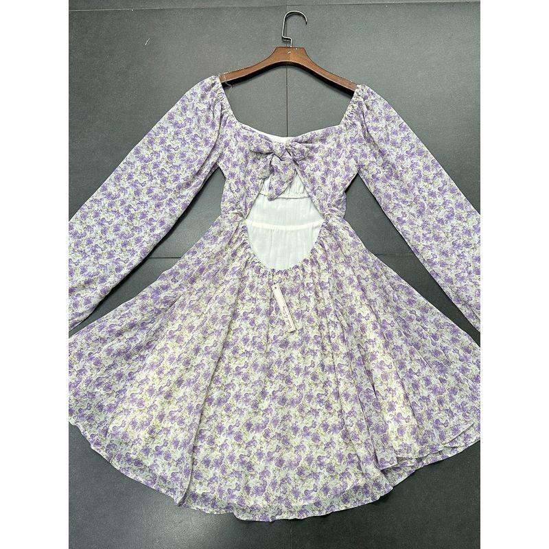 Export Pure Original Spring New Arrival Square Collar High Waist Tight Waist Mini Open Back Chiffon Dress Vacation Beach Dress Female