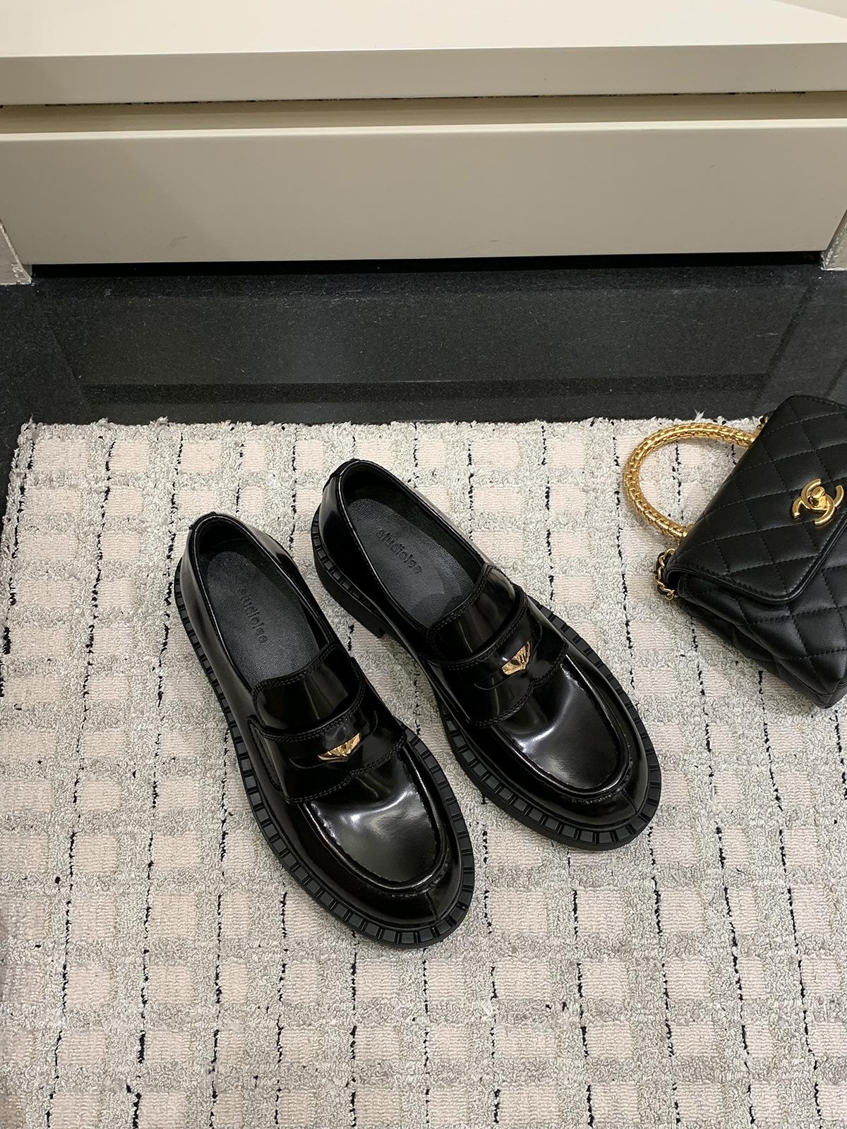 

Sheepskin version~ 5cm height increase small gold coin lazy loafers retro thick heel leather extravagant single shoes small leather shoes women 38
