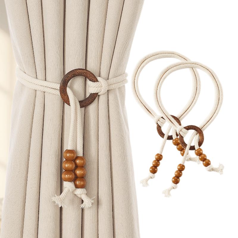 2Pcs Adjustable Drawstring Design Vintage Natural Wood Curtain Tiebacks - Elegant Window Decor for Living Room Bedroom - Standard & Sheer Curtains