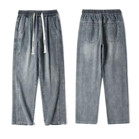 Calça jeans masculina de verão, cintura elástica, cordão ajustável, calça jeans com bolsos, cor sólida, perna larga, calça casual