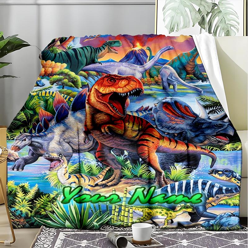 1PC Custom Name Dinosaur Adventure Prehistoric World outdooor Flannel blankets Patterns Throw Blanket All-Season Soft Gift for Couch, Bed, Camping gif