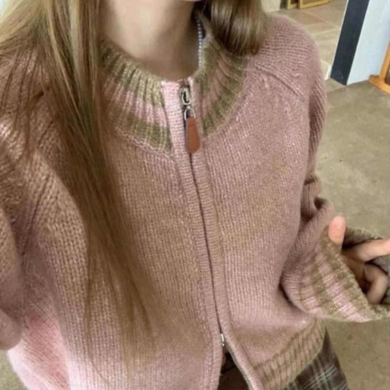 Women's Short Loose Crew Neck Cardigan Sweater Autumn & Winter Versatile Lazy Knit Stripe Zipper Jacket Top