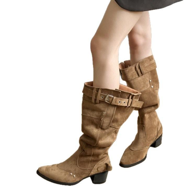 Big tube circumference cow velvet long tube knight boots 2025 early autumn retro thick heel pointed belt buckle pleated pile boots women