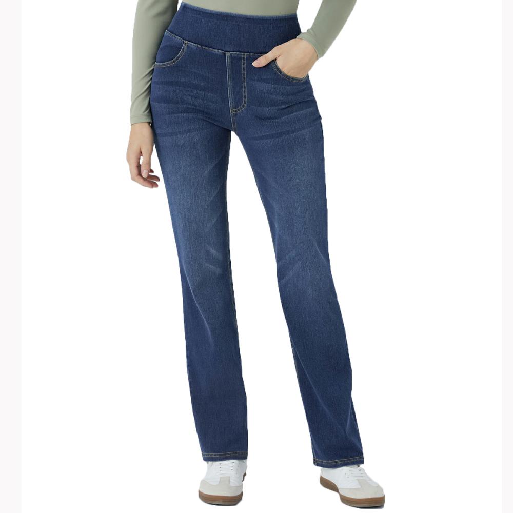 Shascullfites Pull on Tummy Control High Waisted Multiple Pockets Dark Blue Washed Stretchy Knit Casual Bootcut Jeans XS темно-синий