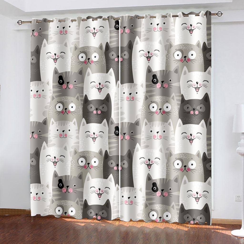 Polyester Window Curtain for Bedroom and Living Room, 2 Panel Decor Hooks, Black Cute Cat, Thin Shading, 130x240, Free Shipping