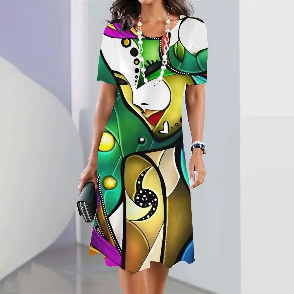 2026 New Summer Fashion Women's Short-sleeved Loose Dress Ladies Holiday Casual Loose Round Neck Dress 3d Facial Printing Clothes