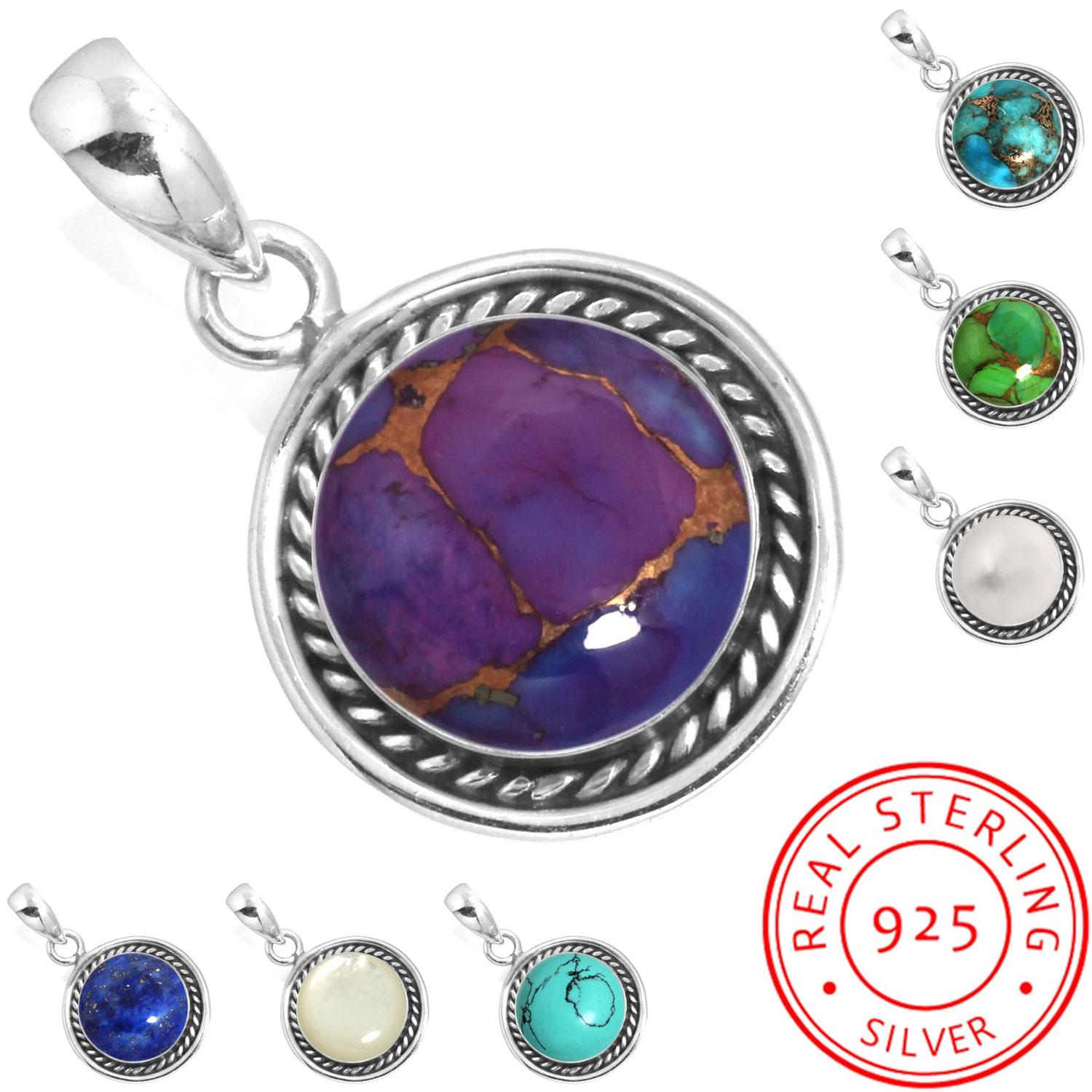 

925 Sterling Silver Pendant Women Gemstone Handmade Jewelry Wedding Gift Blue Green Purple Copper Turquoise Pearl Lapis Mother Of Pearl Vintage мать жемчужного