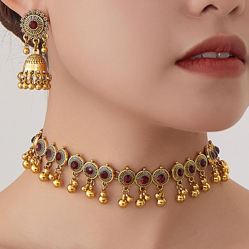 Bohemian Exotic Rhinestone Tassel Necklace & Earrings Set In Antiqued Alloy