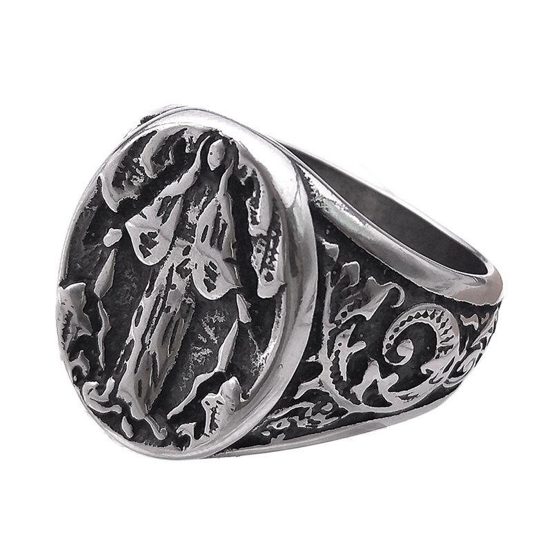 Bague Anneau Médaille Vierge Marie Christianisme Vintage pour Hommes Femmes Acier Inoxydable Couleur Or Anneaux de Doigt de Prière Religieuse Bijoux R500S02