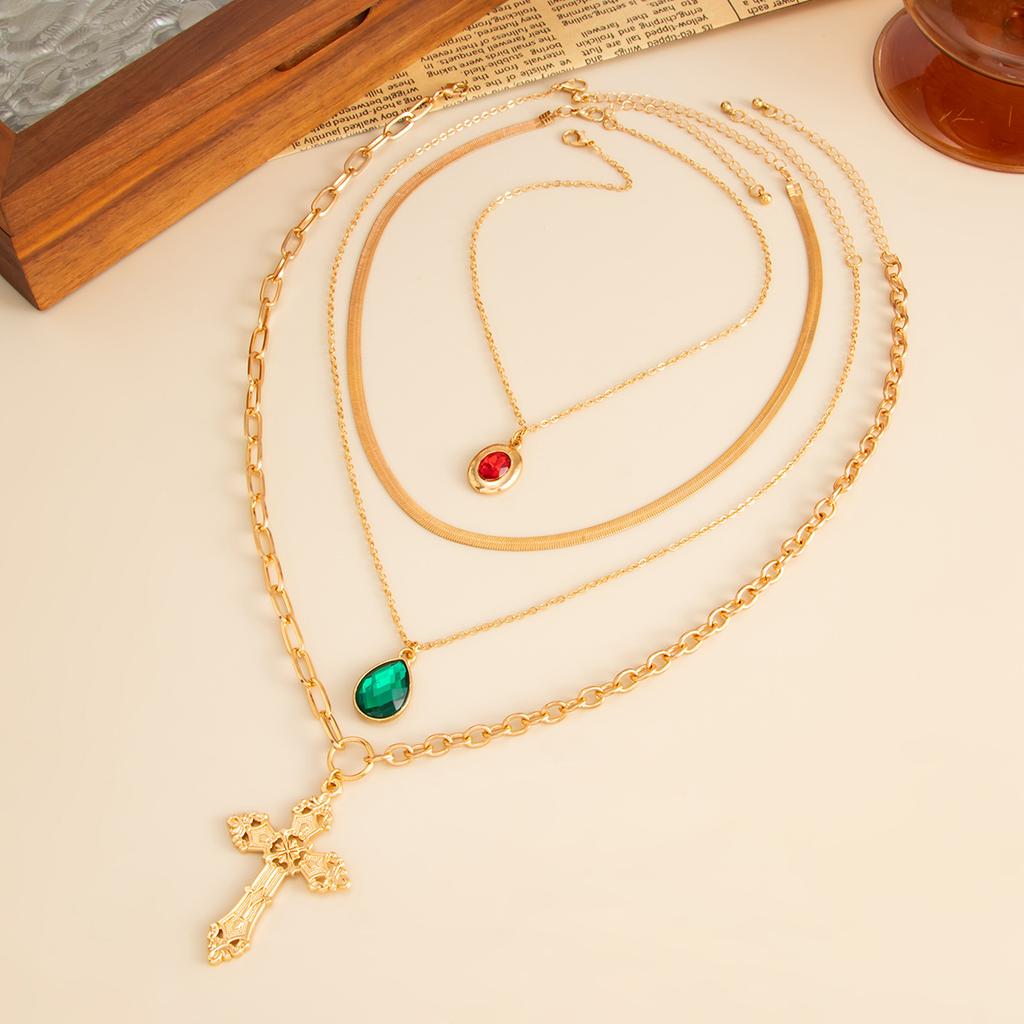 Hip Hop Diamond Jewel Cross Pendant Necklace, Stylish Stacked Metal Snake Bone Chain Necklace