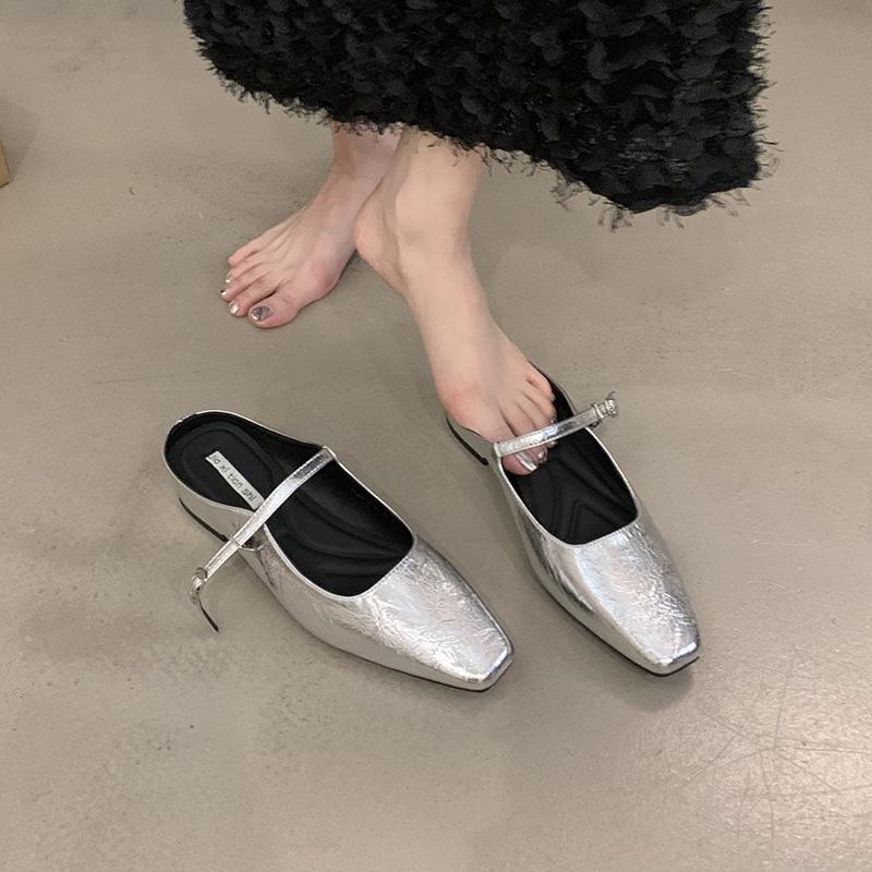 Baotou half slippers women's summer outer wear spring and autumn new Korean version French evening breeze temperament silver single shoes thick heel d