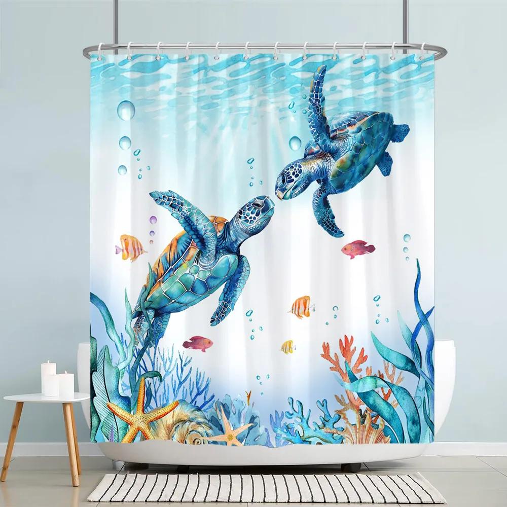 Lustige Meerestiere Kinder Duschvorhang Cartoon Aquarell Kunst Malerei Stil Polyester Stoff Duschvorhang Badezimmer Dekorati