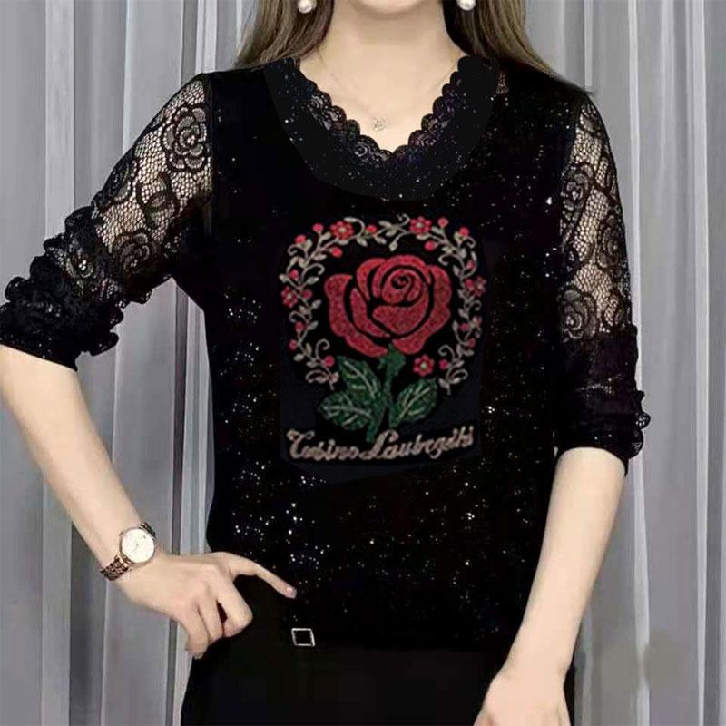 

Spring Summer Autumn New Long Sleeved V-neck Western-style Mother s Top Women Middle-aged Youth Diamond Inlay M червоний