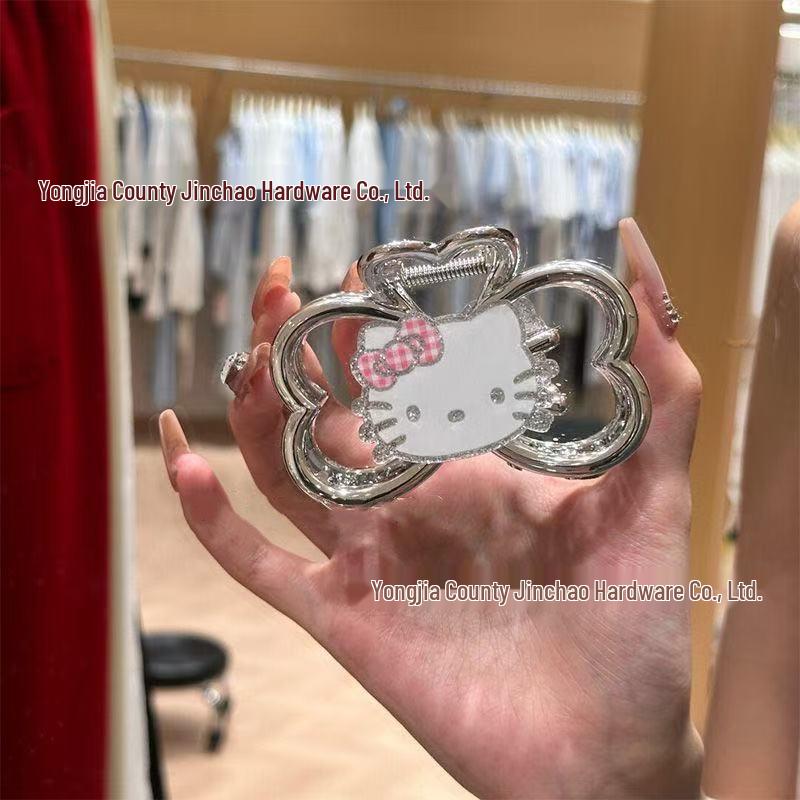 KT Girly Cat Silver Bow Double-Sided Hair Claw Clip Approximately 9cm