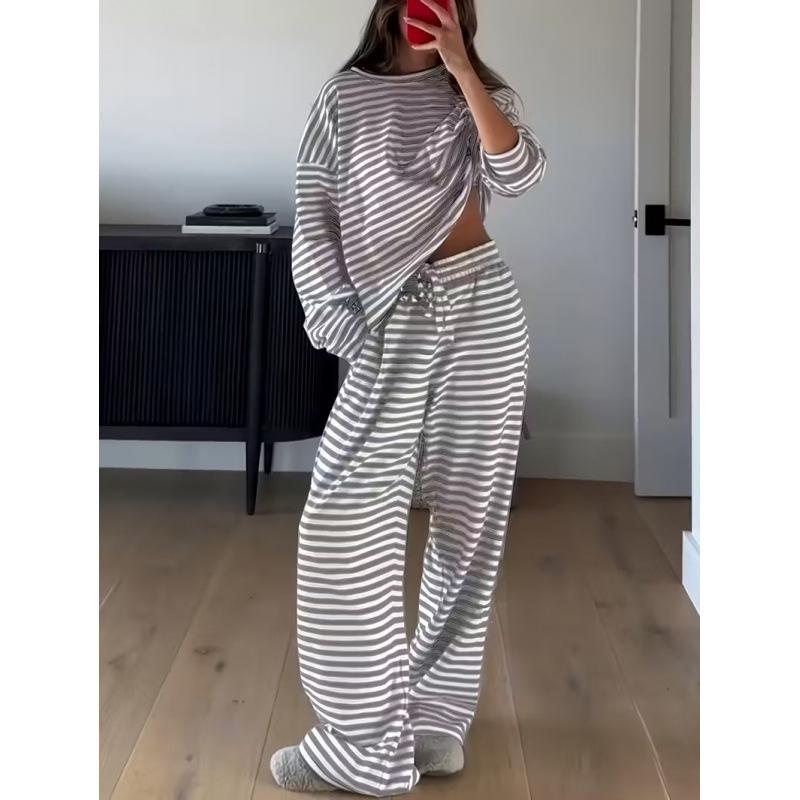 2025 Women's European & American Striped Long Sleeve Top & High Waist Trousers Fashion Set