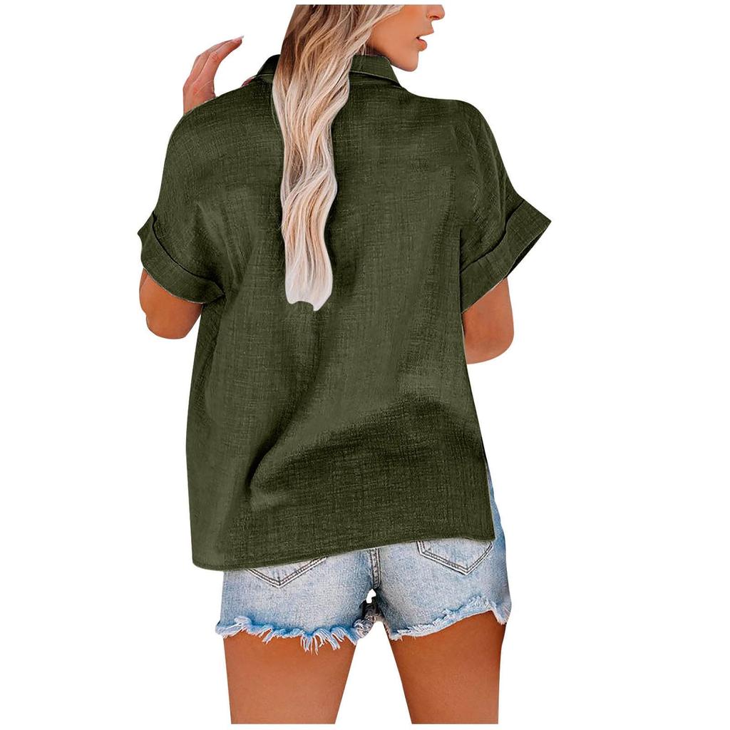 Women's Fashionable Loose-Fit Casual Shirt Button-Up Short-Sleeve Cotton-Linen Blend Top