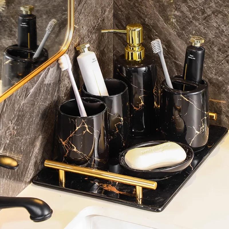 Bathroom Supplies, Gold Patterned Ceramic Soap Dispenser, Toothbrush Holder, Toothpaste Dispenser, Household Storage Tray