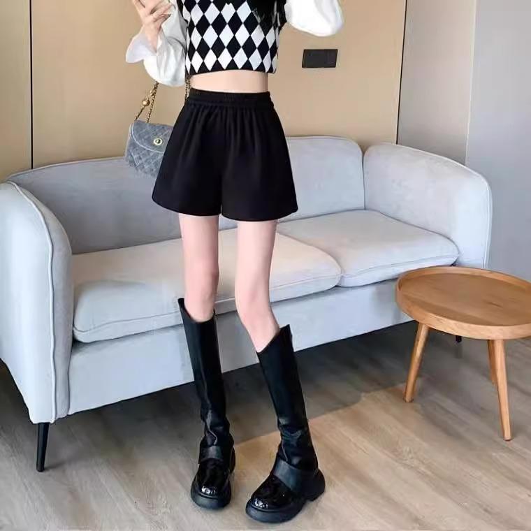 Women's Black Woolen High-Waist Booty Shorts - New 2024 Autumn/Winter Elastic A-line Wide-Leg Casual Wear