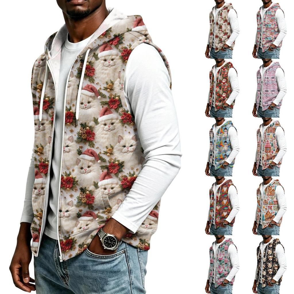 Gilet da uomo casual con cappuccio, senza maniche, con zip e stampa natalizia per feste di festa