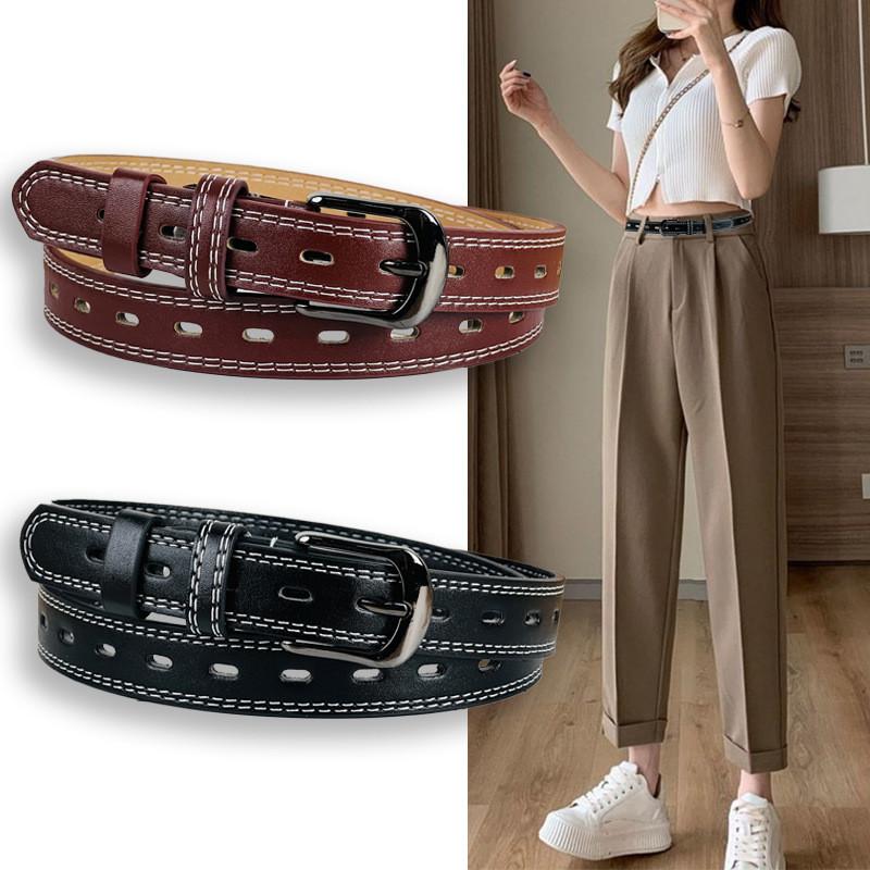Pu Womens Leather Belt With Double Line And Hollow Design For Jeans Work And