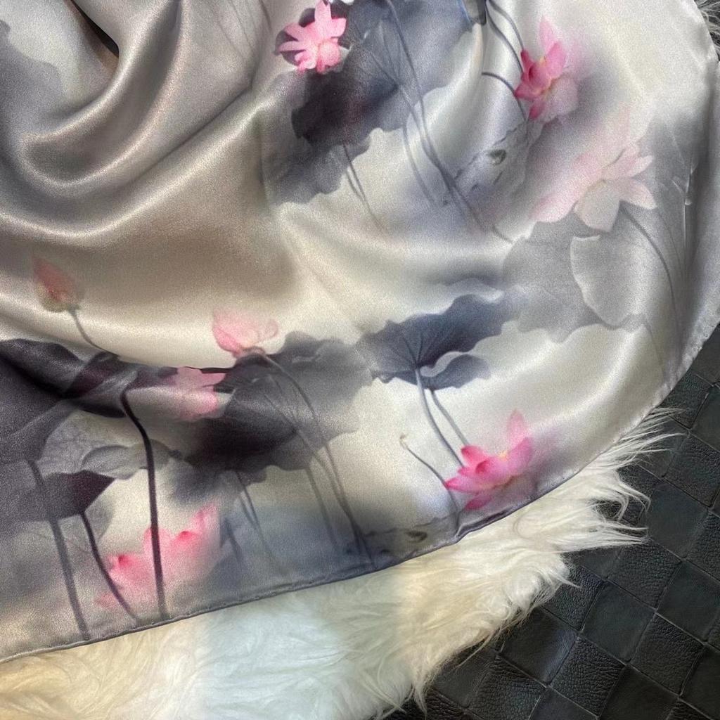 Chinese Style Ink Lotus Silk Scarf Shawl Women  New Design 100% Natural Silk Long Scarves Grey Pink Neck Scarves 175*53Cm