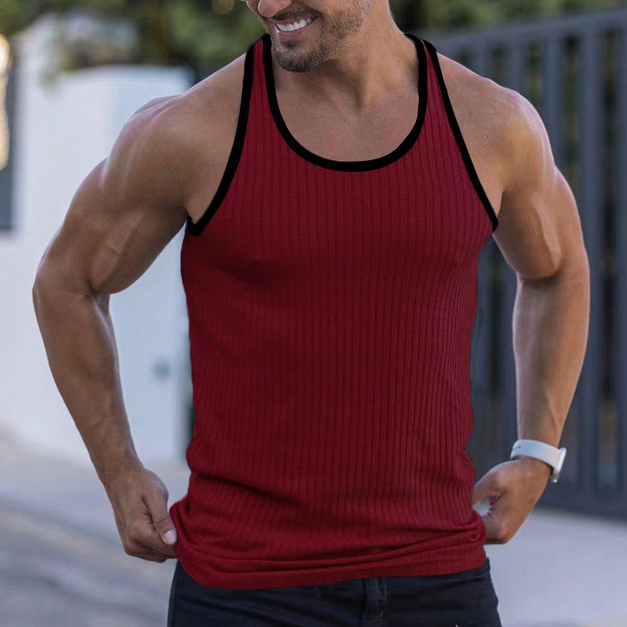 Summer Knitted Vertical Stripe Fitness Slim Vest for Men Color-blocked Tank Top