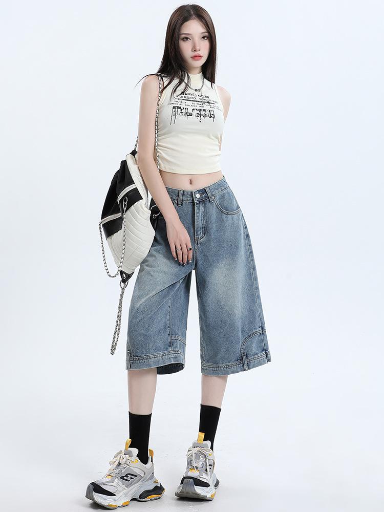 Inverted Hem Wide-Leg Six-Point Jeans - Trendy, Loose, Cool Mid-Length Pants