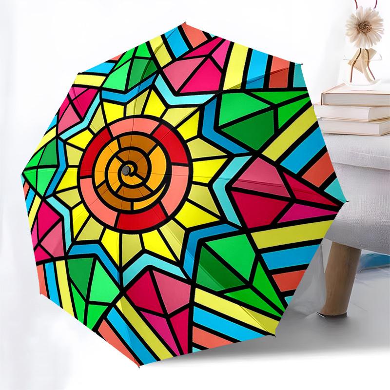 

1pc Colorful Geometric Mandala Automatic Folding Umbrella - Portable 3-Fold Design, 8-Bone Iron Frame Outdoor Umbrella, Perfect Festival Gift for Fans