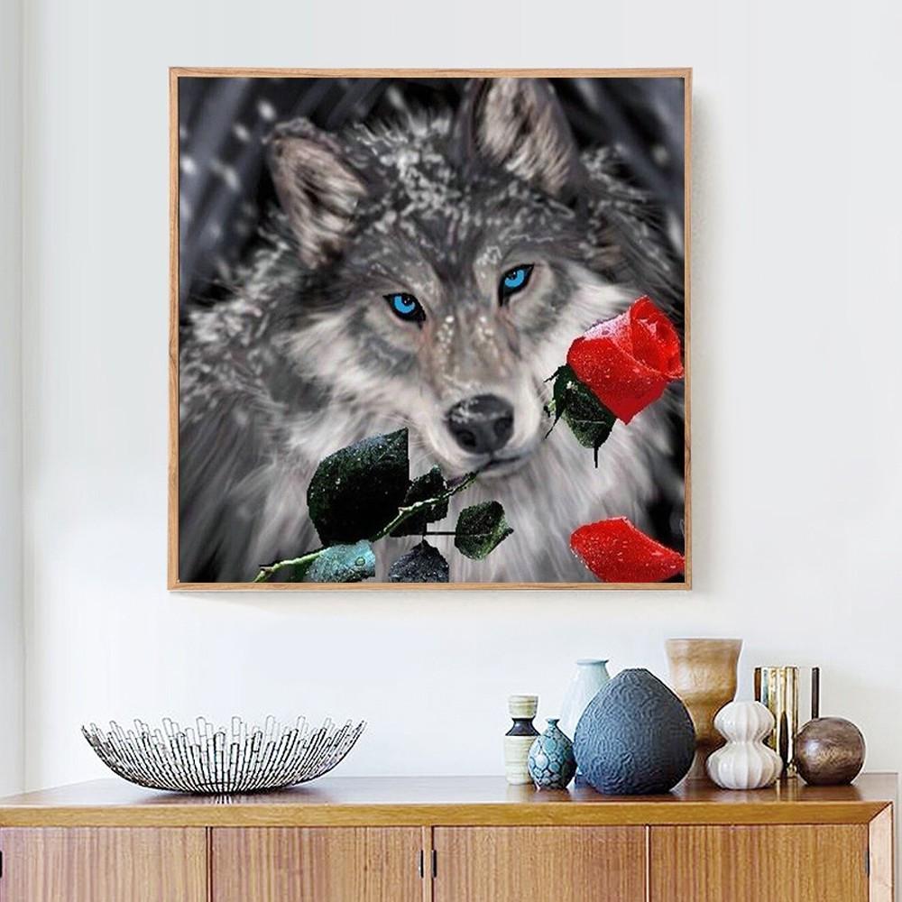 DIY Diamond Embroidery Animal Wolf And Rose Full Round Rhinestone Diamond Painting Cross Stitch