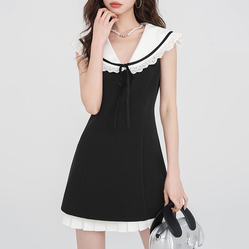 

VONDA Summer Women Lace Hem Naval Collar Sleeveless Ruffled Casual Dress 5XL чёрный