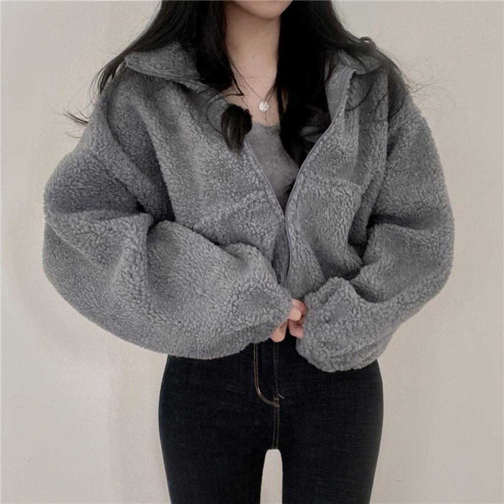 Zipper Faux Lamb Fleece Cardigan Stand Collar Short Jacket Loose Long Sleeve Women Autumn Winter Warm Coat Ropa Mujer