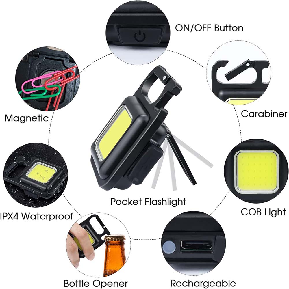 New Mini LED Working Light Multifunctional Glare COB Keychain Light Rechargeable Portable Flashlight Outdoor Camping Light