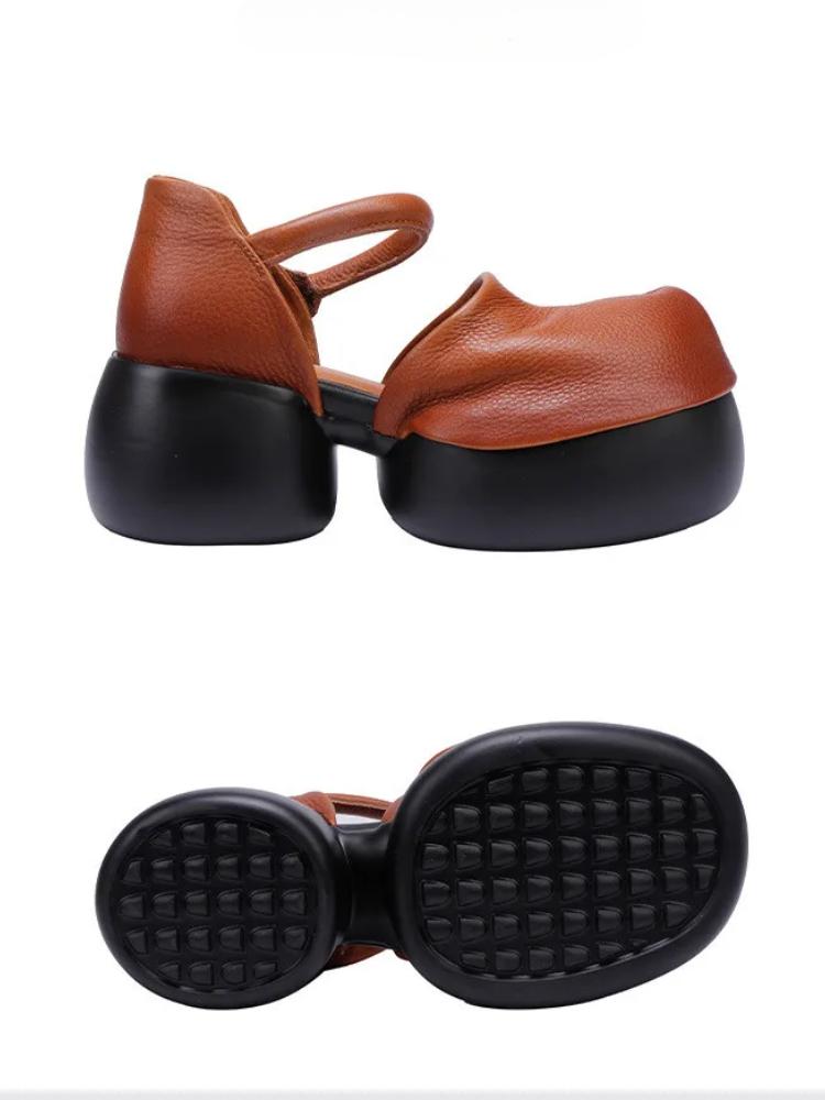 Johnature Sandálias vintage de couro legítimo bico redondo cor sólida sapatos plataforma femininos versáteis
