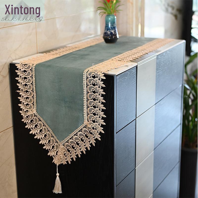 Peacock Green Velvet Table Runner with Gold Lace - Modern Nordic Design for Dining or Coffee Tables
