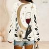 Women Plus Size V Neck Long Sleeve White Star Moon Printed Top Curved Hem With Pockets