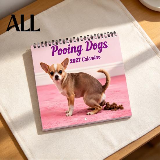 Durable Coil Binding Calendar 2027 Pooping Dogs Square Wall Calendar, Funny Dog Theme 12 Month Hanging Monthly Planner for Home Office, White Elephant