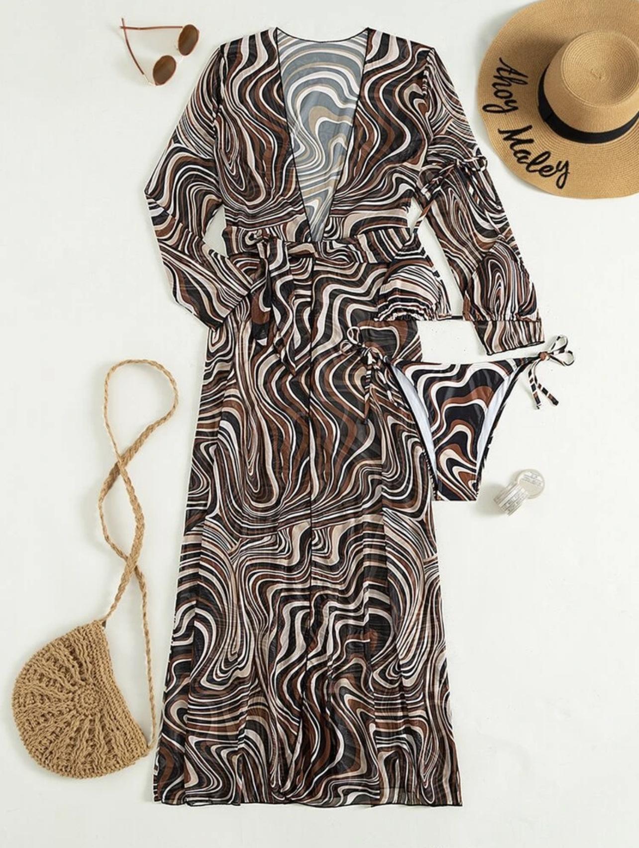 European and American striped lace-up long skirt mesh three-piece bikini bikini S