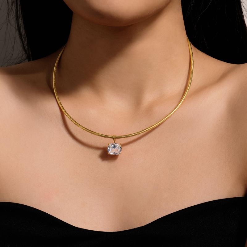 Style Spring Neck Chain Cubic Zirconia Pendant Necklace For Women Stainless Steel Choker Jewelry Accessories