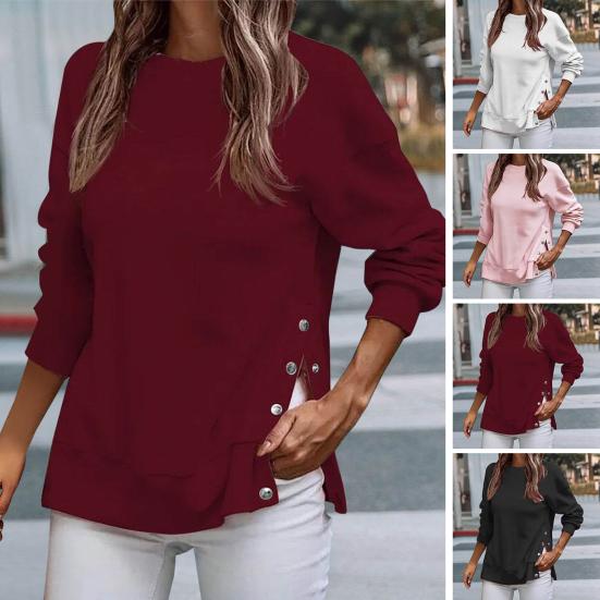

Женская толстовка на пуговицах с круглым вырезом и боковым разрезом, осенне-зимняя однотонная футболка с длинным рукавом