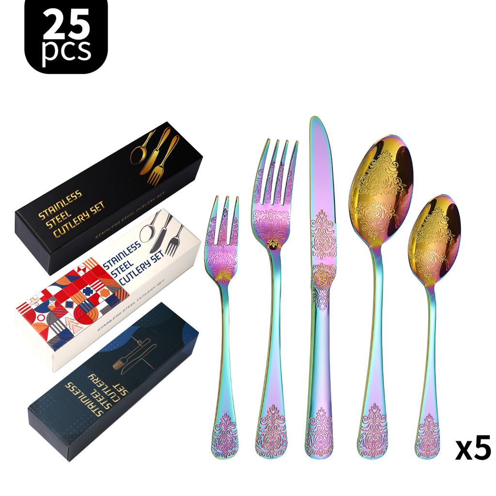 Double-Headed Flower Pattern Tableware Knife, Fork and Spoon 430 Stainless Steel Advanced Western Tableware 5 Main Pieces Suit