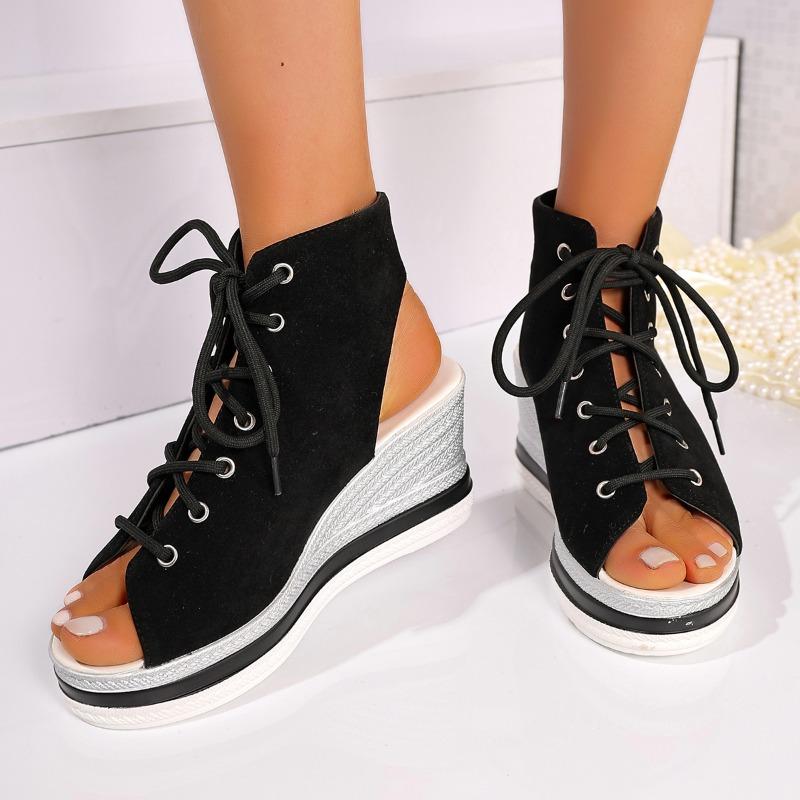 Fashion Wedge Sandals Women Summer New Round Toe Open Toe Front Strappy Platform Non-Slip Wear-Resistant Back Empty Heels Shoes